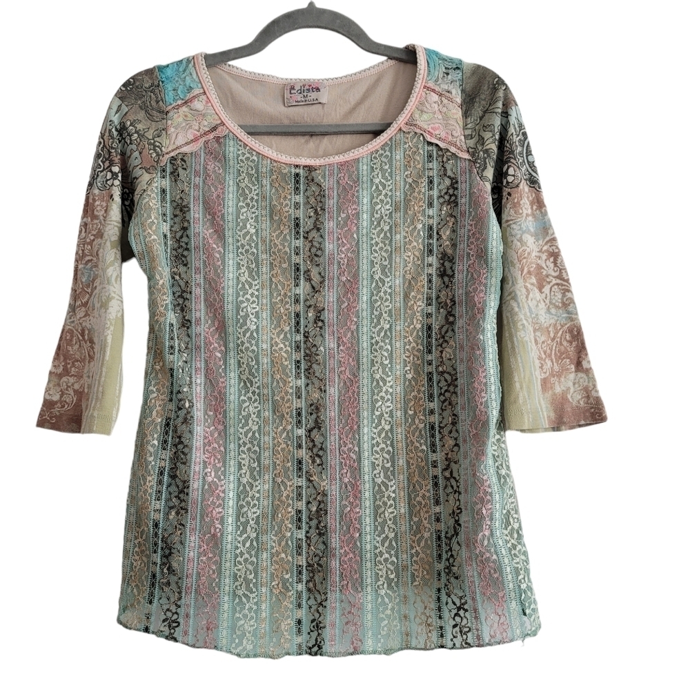 VTG Edista USA Y2K Lace 3/4 Sleeve Women Medium Paisley Vine Floral FLAWED
